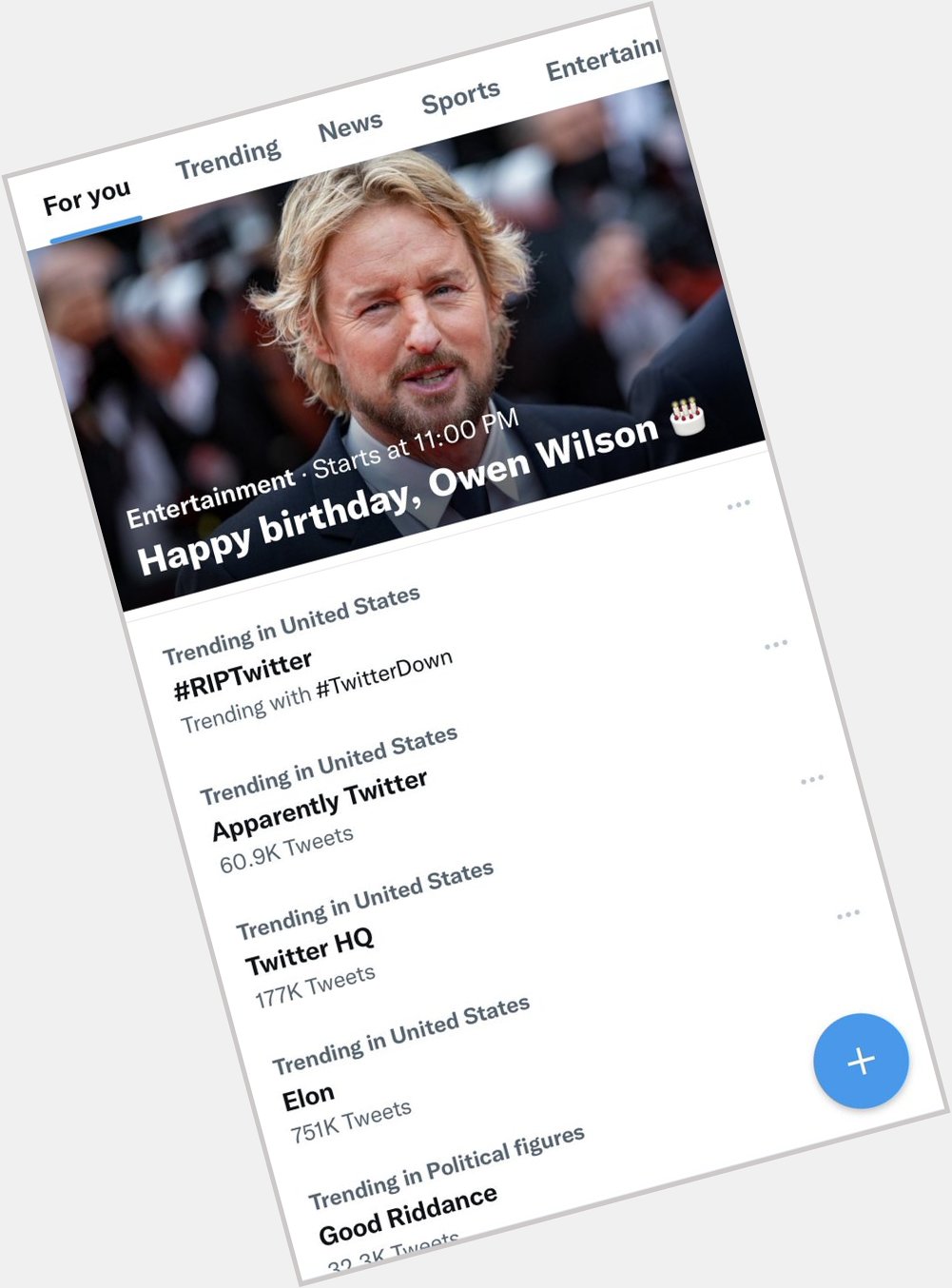 Message is dying and happy birthday to Owen Wilson 
