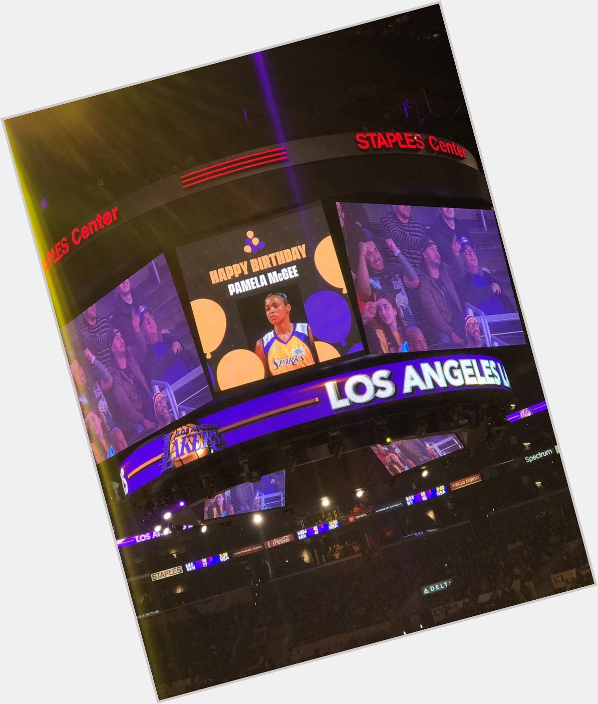 Lakers wish JaVale McGee s mom & WNBA legend Pamela McGee a Happy Birthday at the end of the 1st quarter 