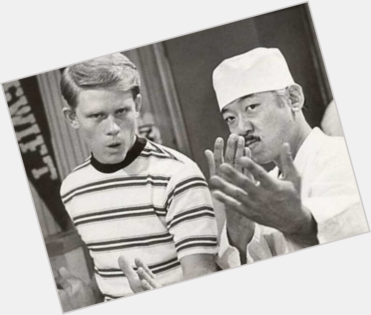 Remembering Pat Morita on his birthday!  Here he is with Ron Howard in \"Happy Days\". 