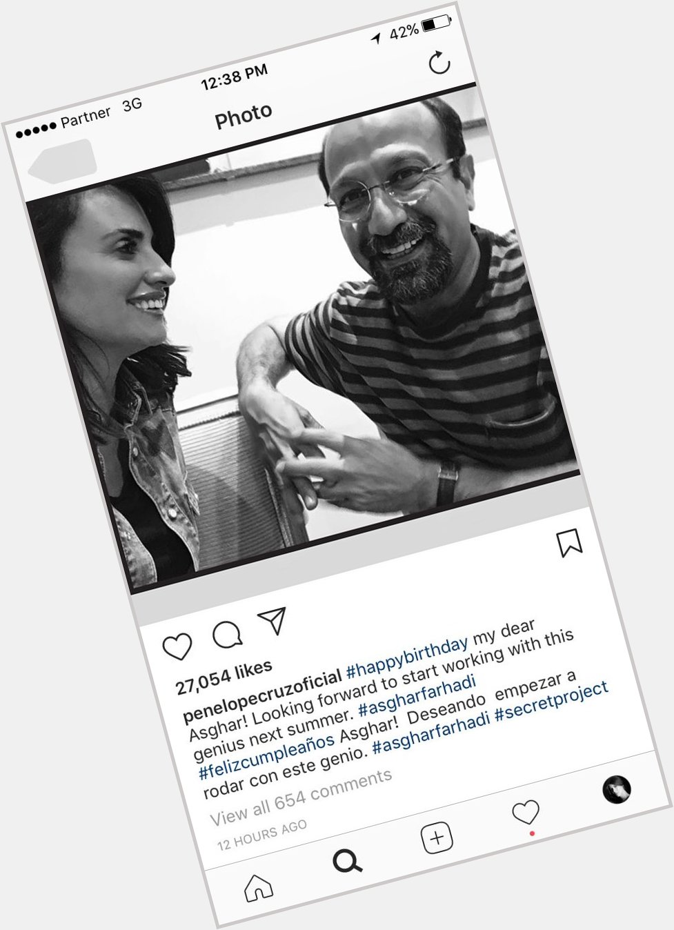 Actress Penelope Cruz wishes Iranian director Asghar Farhadi a happy birthday on Instagram 