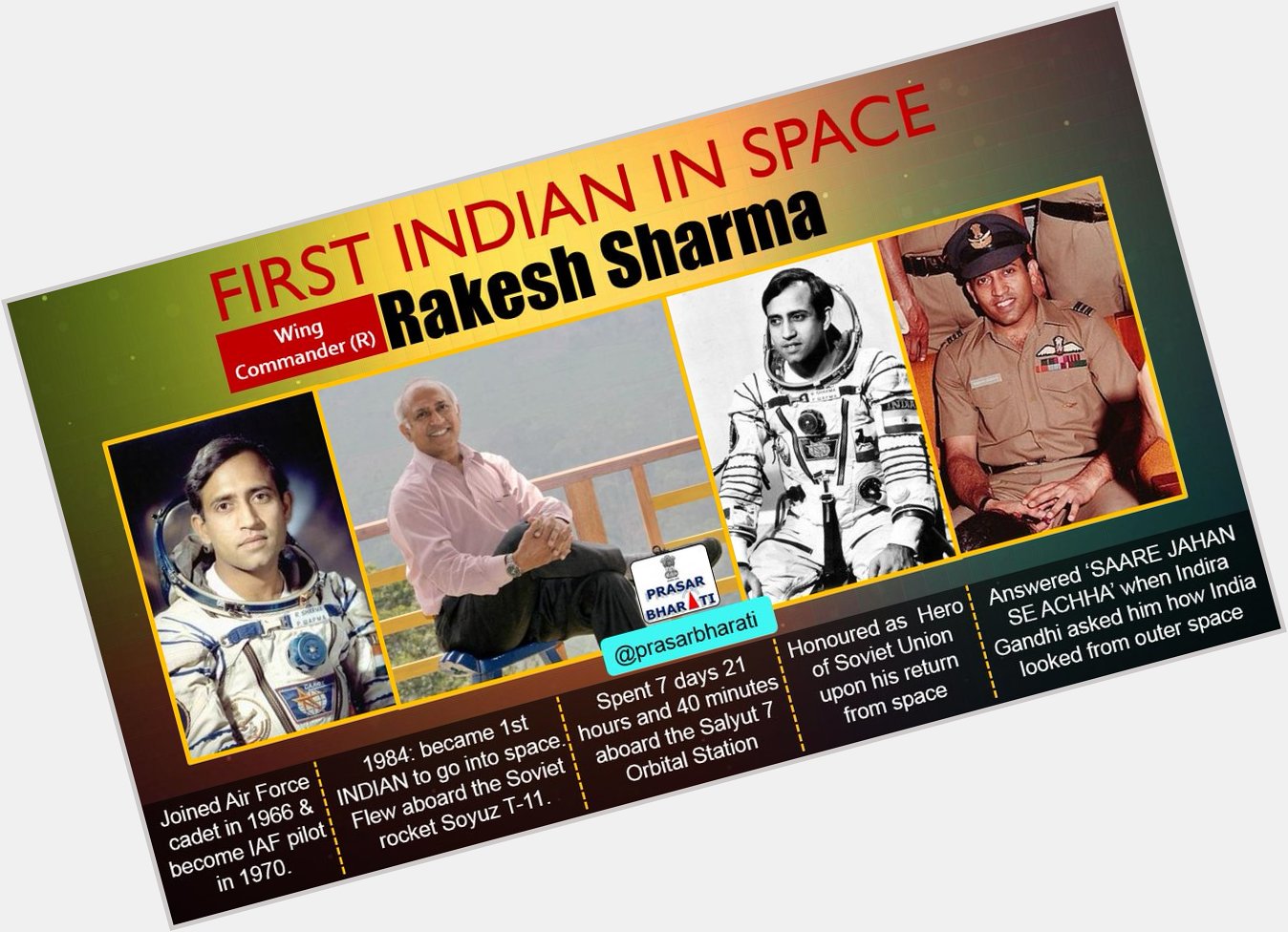 Prasarbharati: Happy Birthday Rakesh Sharma !!
The First Indian to travel in Space, Ashok Chakra  