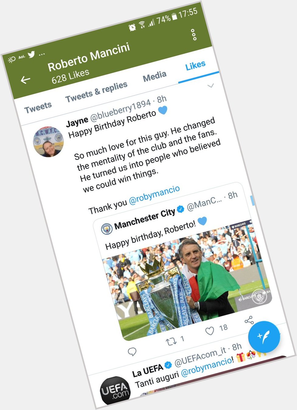 My life is complete........Roberto Mancini liked my message wishing him a happy birthday   