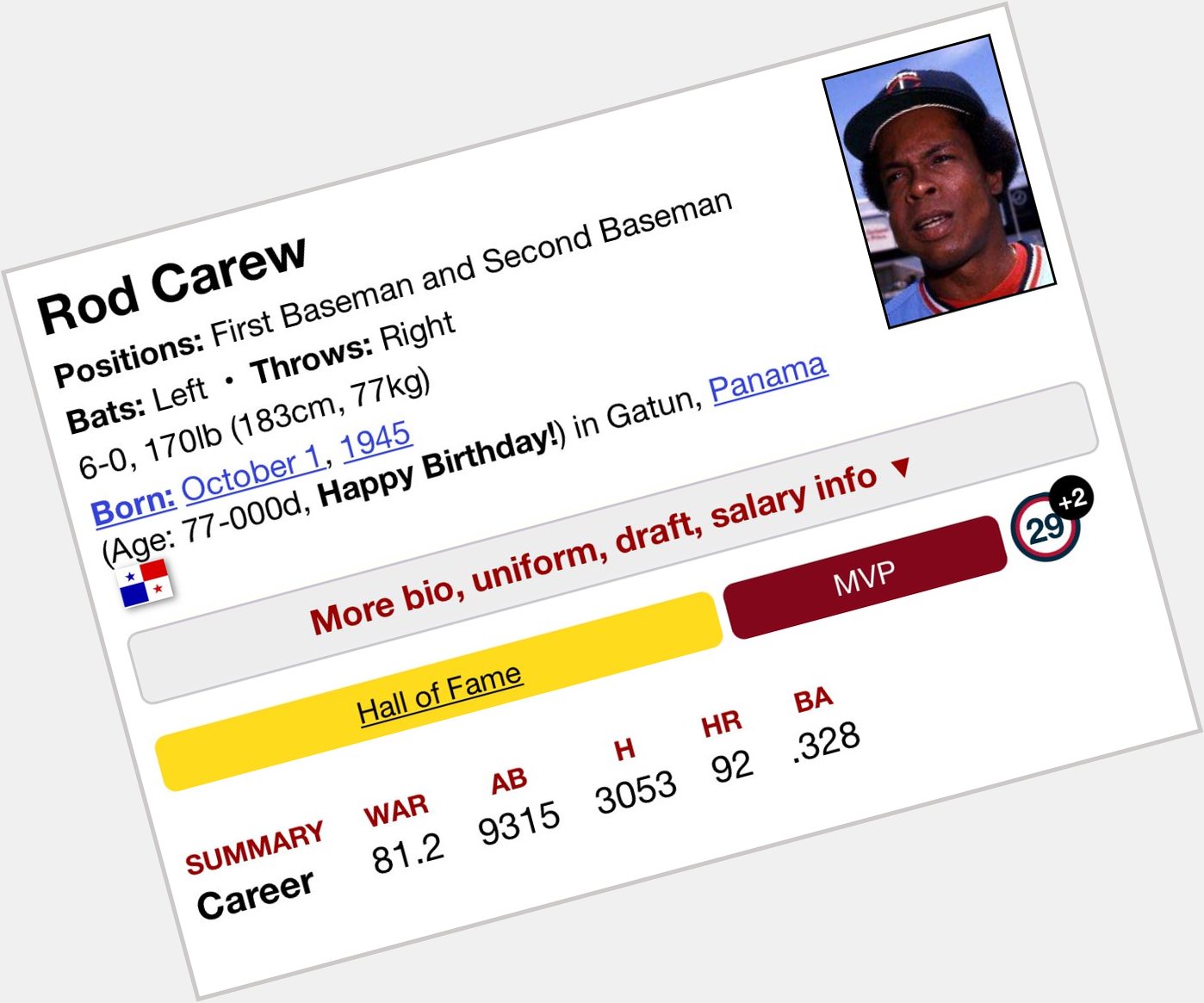   Happy Birthday!    I mention you, Rod Carew, in any discussion of baseball greats. 