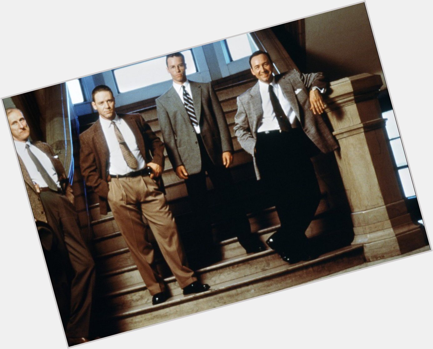 Happy 54th birthday to Russell Crowe, seen here with guys on the set of \L.A. Confidential\ (1997). 
