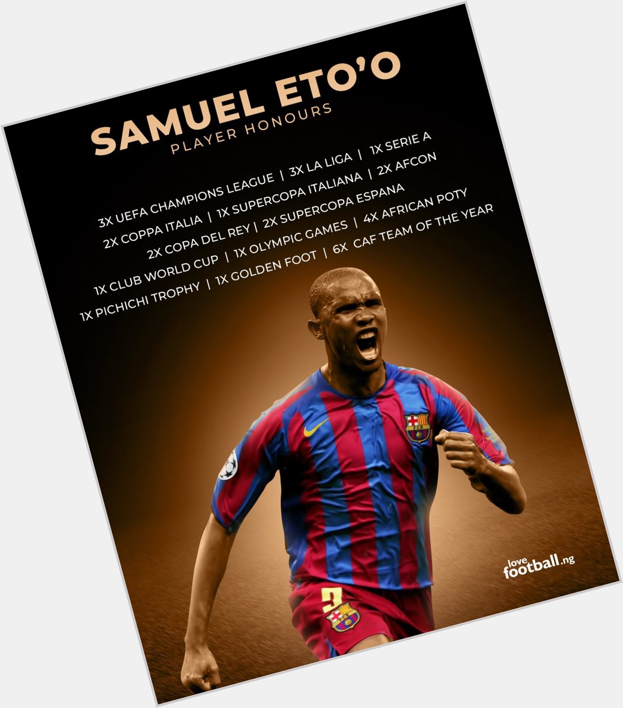 Happy 40th birthday to Samuel Eto\o.
A proper legend of the game!

What\s your favourite goal by Samuel Eto\o? 