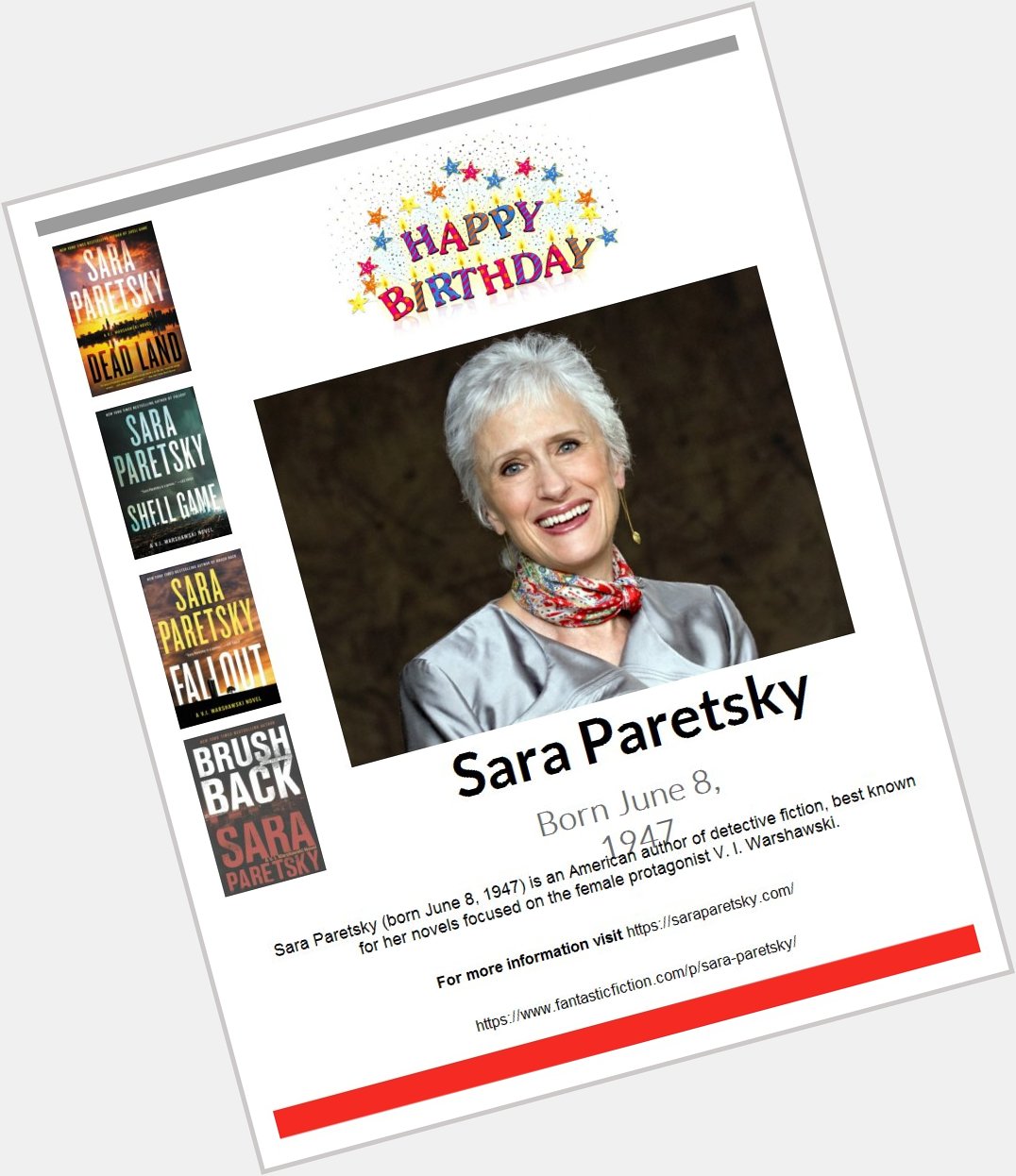 Happy Birthday Sara Paretsky!  