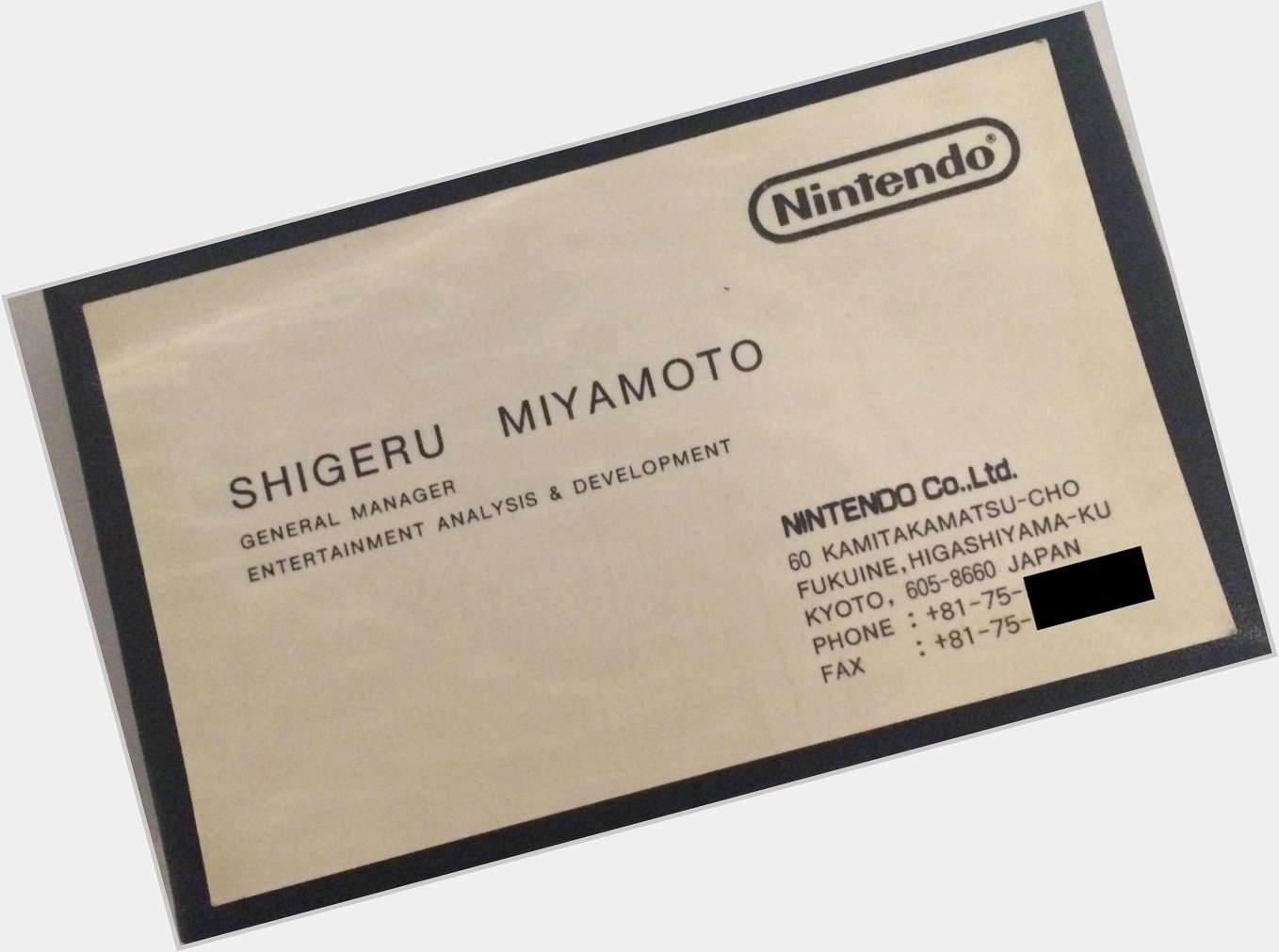 A treasured item and memory - Shigeru Miyamotos old business card! Happy Birthday, sir! :D *sheepyhugs* 
