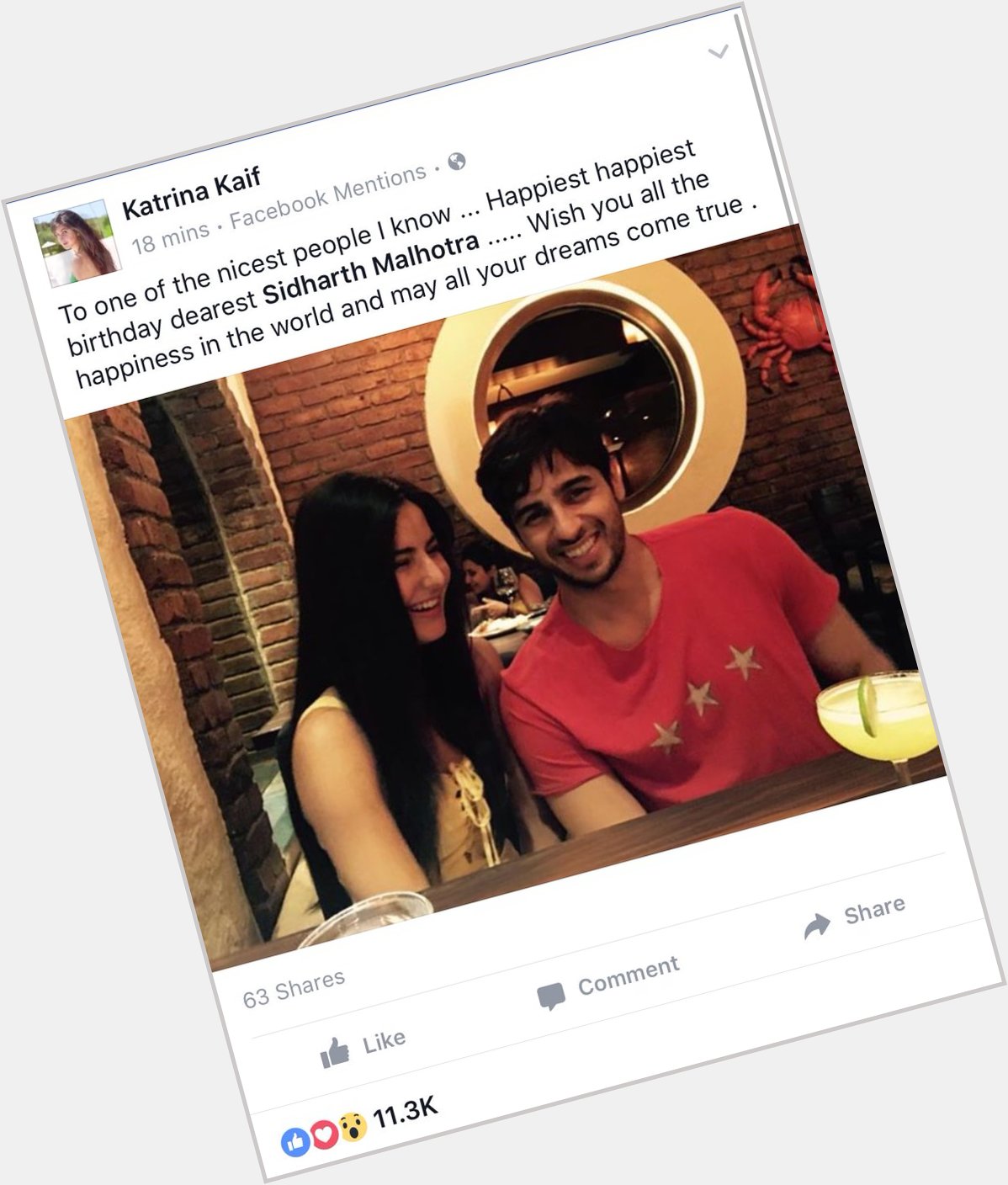 Katrina Kaif wishes Sidharth Malhotra Happy Birthday on Facebook- 
