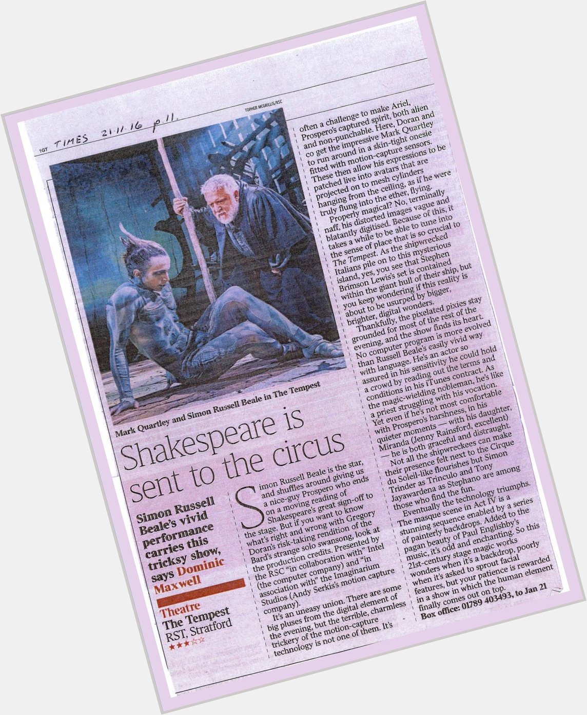 Happy Birthday Simon Russell Beale currently Prospero . Article from the library\s news cuttings archive. 