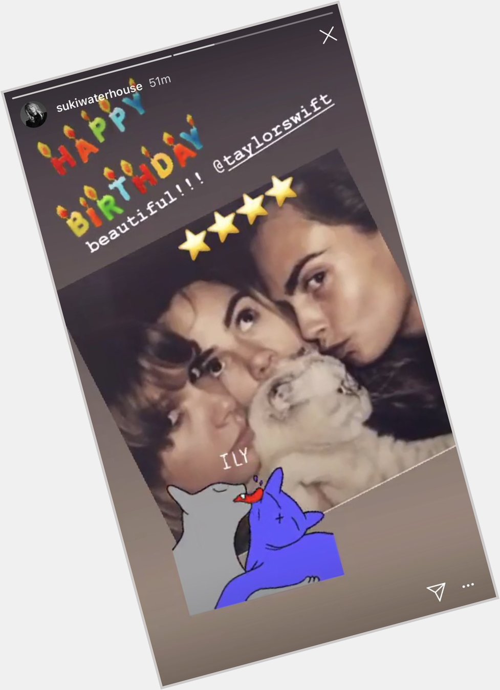Suki Waterhouse wishing Taylor a happy birthday via instagram stories 
