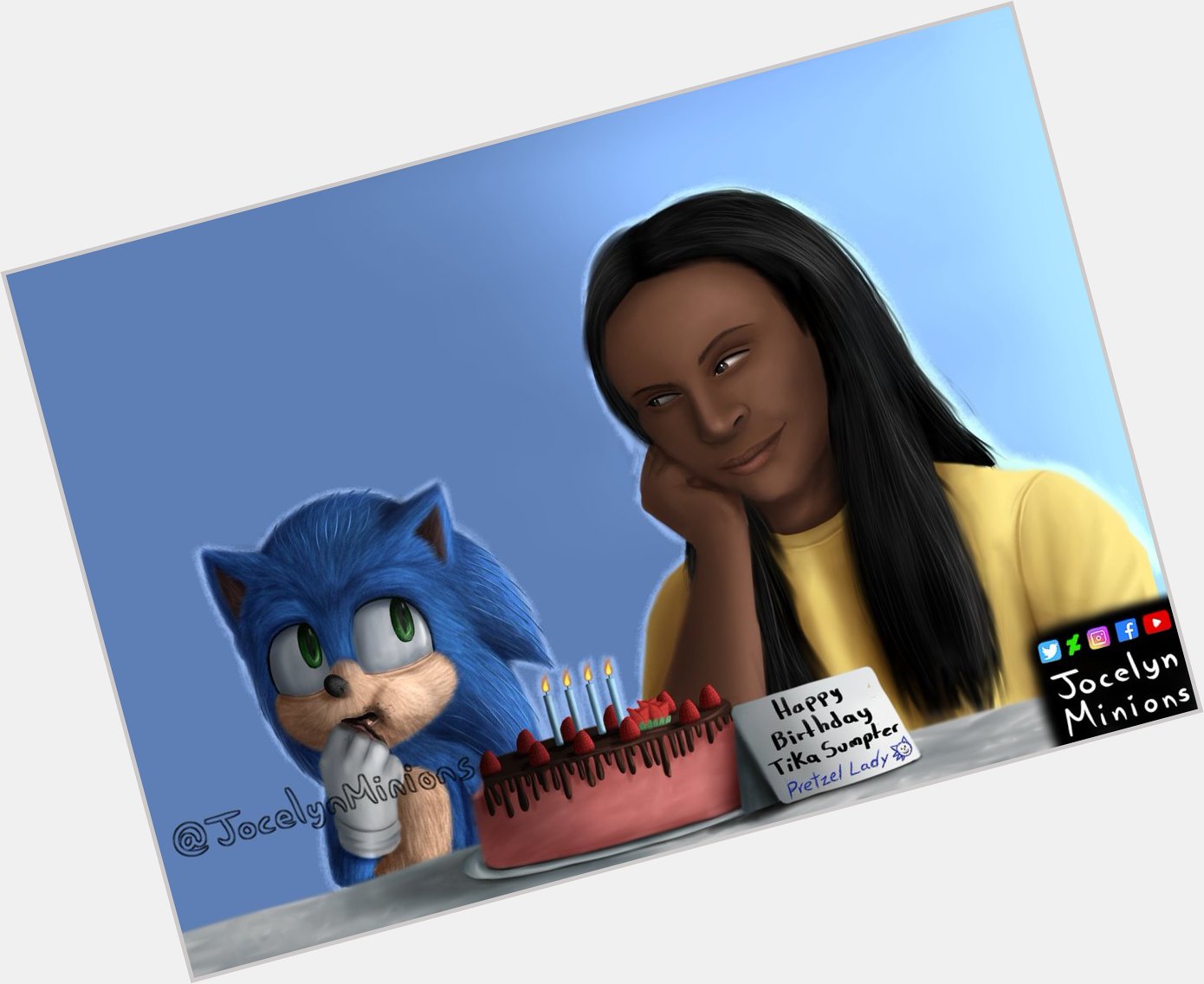Happy Birthday Tika Sumpter 
(Pretzel Lady) Sonic, I think you shouldn\t have eaten the cake yet 