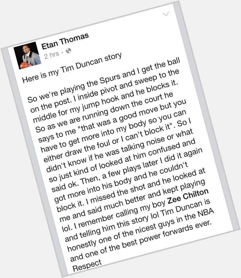   A great Tim Duncan story shared by one of Syracuse s finest, Etan Thomas:  happy birthday Tim Duncan