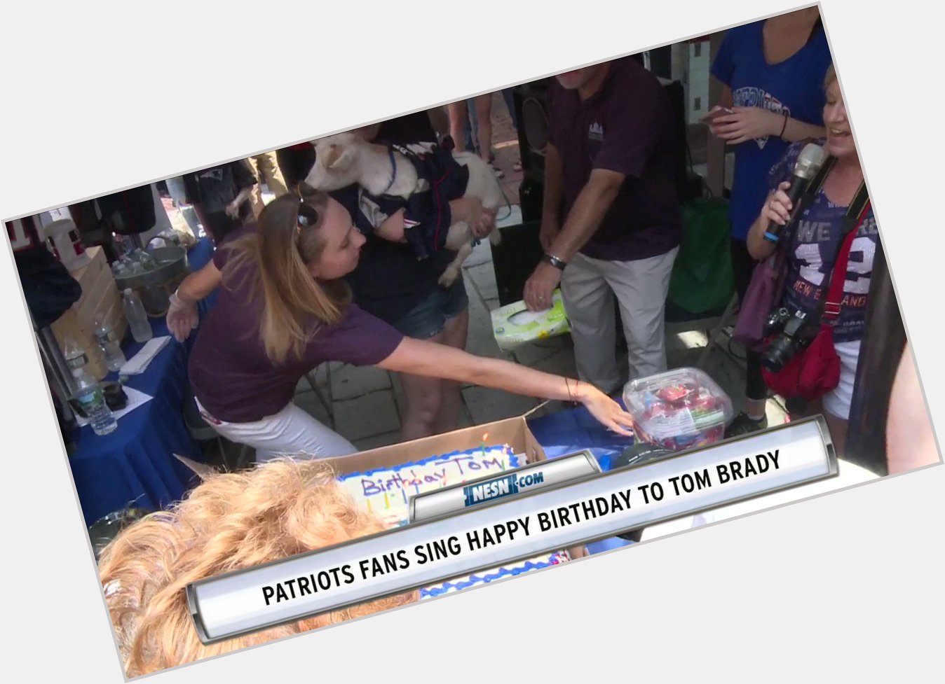 It was a festive atmosphere at Faneuil Hall as Patriots fans sang \"Happy Birthday\" to Tom Brady. 