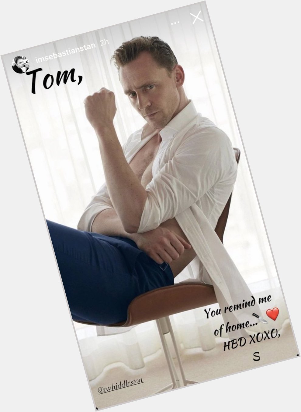 Sebastian wishing Tom Hiddleston a Happy Birthday in his IG story.  