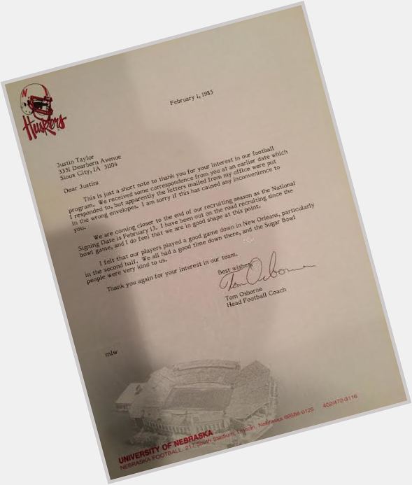Happy 78th birthday to legend Tom Osborne. Here\s a letter he wrote me in 1985. I\m sure he remembers it: 