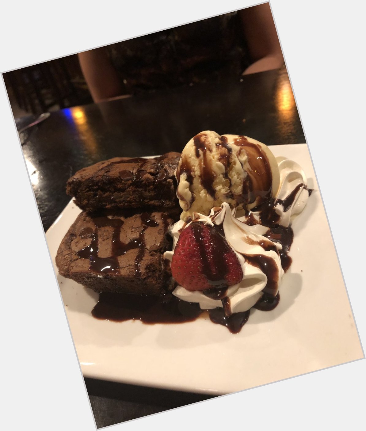 My Happy Birthday desert! Chocolate covered brownie with vanilla ice cream and whip cream! 