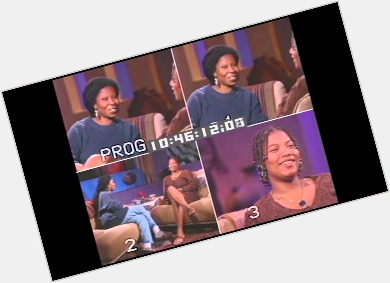 Whoopi goldberg interviewing queen latifah on her late-night talk show in the 90s. happy birthday whoopi! 