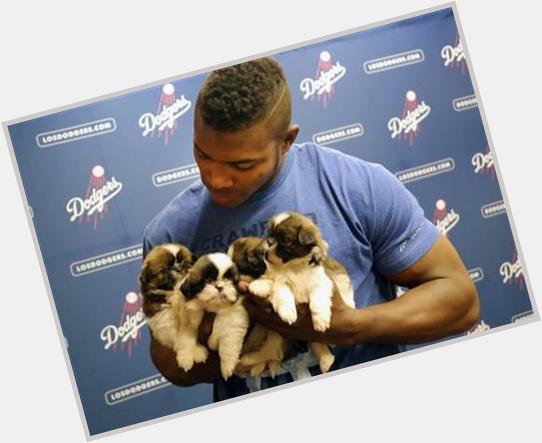 Happy birthday to my favorite person on message, the one and only Here\s Yasiel Puig holding some puppies. 